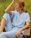 Belted Button Front Banding Short Sleeves Sleeves Elasticized Tie Waist Waistline Linen Collared Jumpsuit