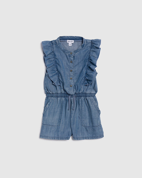 Toddler Crew Neck Cap Sleeves Pocketed Short Romper With Ruffles