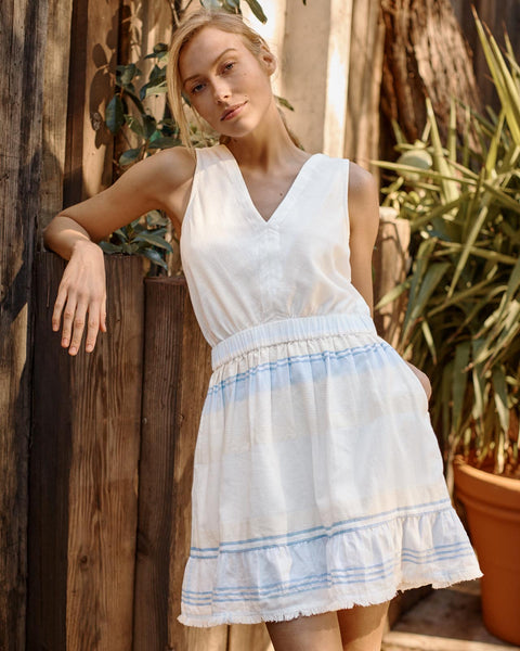 Tall V-neck Full-Skirt Striped Print Summer Pocketed Elasticized Waistline Short Dress
