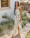 Striped Print Ruched Pocketed Belted Self Tie Slit Embroidered Elasticized Tie Waist Waistline Square Neck Maxi Dress