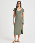 Scoop Neck Cotton Slit Ribbed Short Sleeves Sleeves Summer Shirt Midi Dress