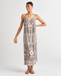 V-neck Summer Spaghetti Strap Paisley Print Slit Shirred Midi Dress