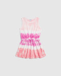 Girls Summer Striped Tie Dye Print Drawstring Crew Neck Beach Dress