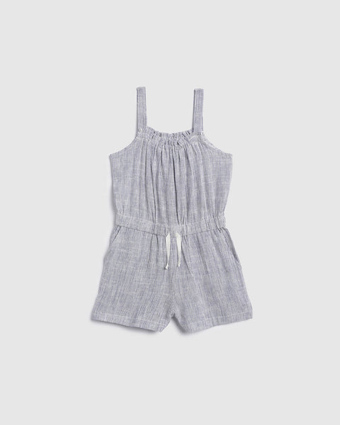 Toddler Pocketed Drawstring Striped Print Spaghetti Strap Romper