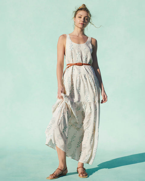 Floral Print Tiered Belted Scoop Neck Cotton Loose Fit Maxi Dress