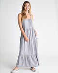 Striped Print Linen Ankle Length Tiered Maxi Dress