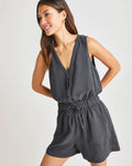 V-neck Short Plunging Neck Pocketed Drawstring Summer Romper