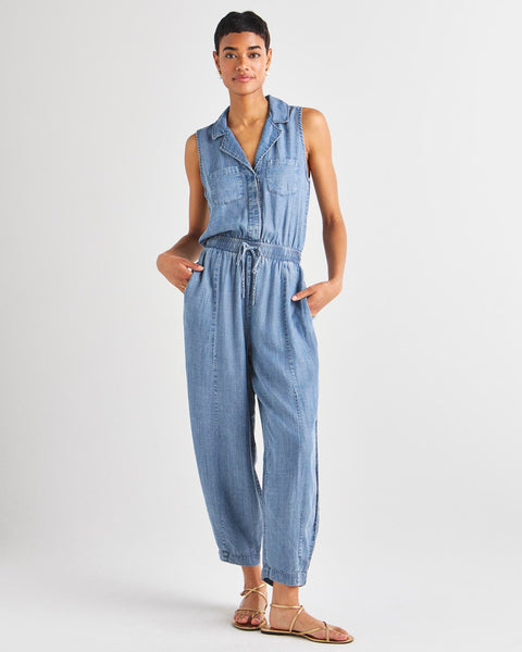 Lyocell Collared Drawstring Button Front Pocketed Jumpsuit