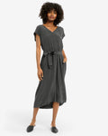 V-neck Cap Sleeves Pocketed Tie Waist Waistline Midi Dress