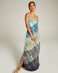 V-neck Tie Dye Print Tie Waist Waistline Drawstring Slit Pocketed Summer Spaghetti Strap Viscose Maxi Dress