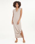 V-neck Floor Length Crew Neck Slit Ribbed Cap Sleeves Dress