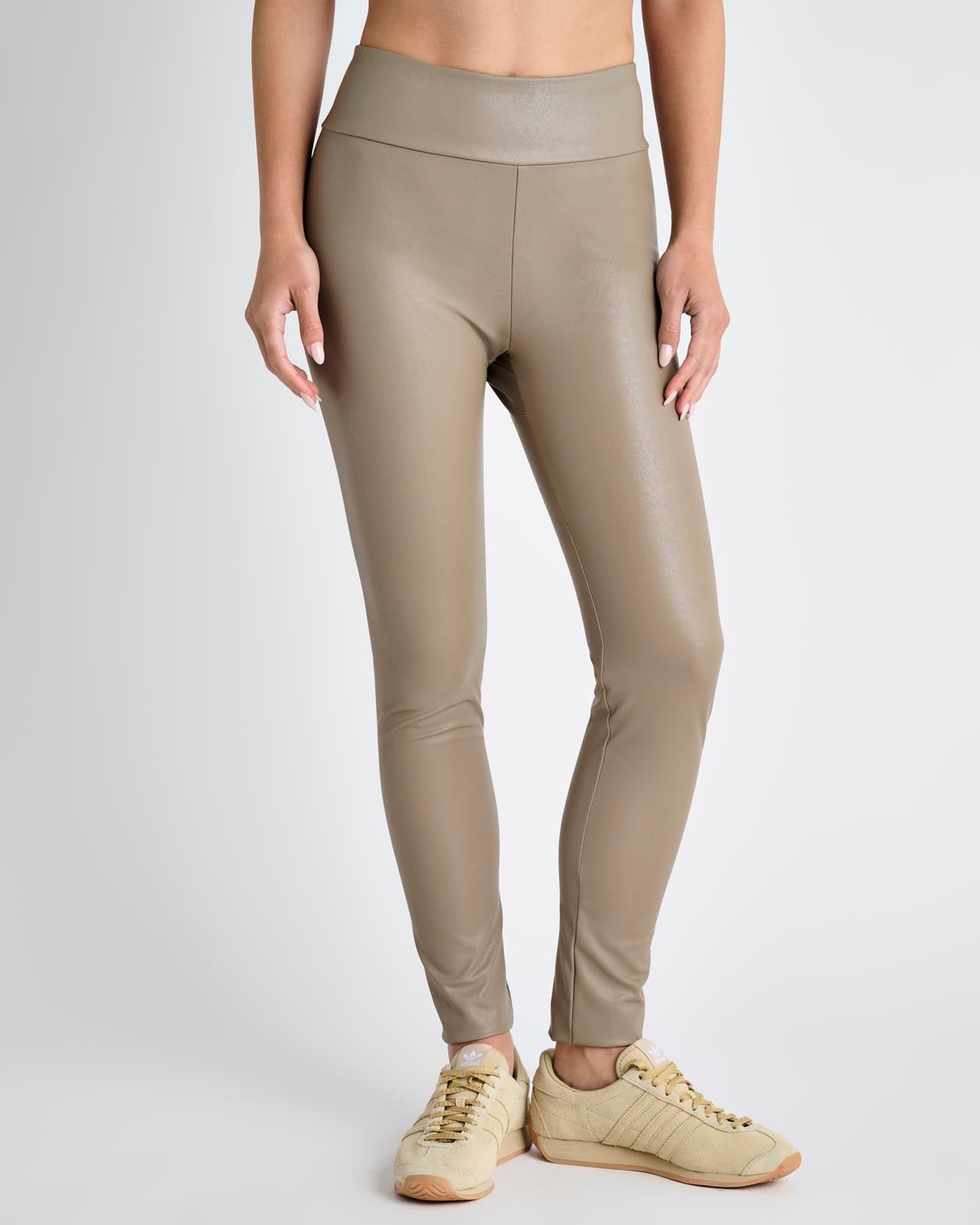 Leather Look Leggings With Gold Buttons Beige High Waisted Vegan Friendly –