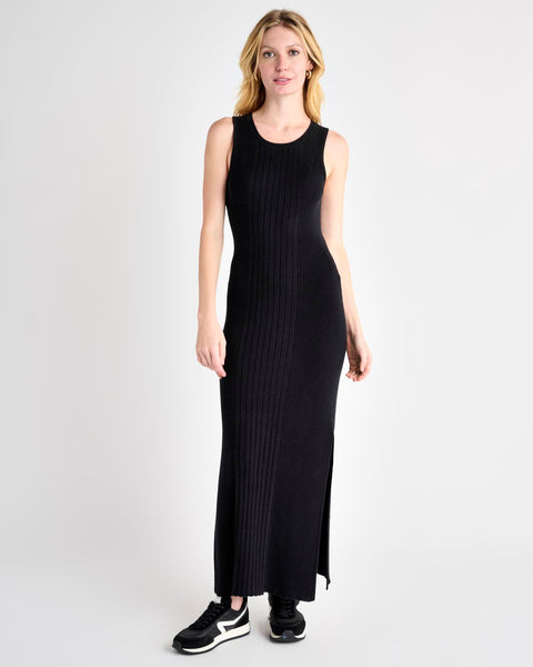 Fitted Slit Ribbed Sweater Silk Dress