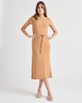 Tie Waist Waistline Ribbed Belted Slit Short Sleeves Sleeves Midi Dress