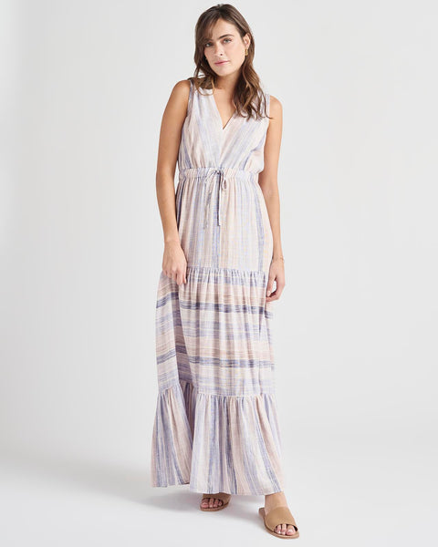 V-neck Swing-Skirt Pocketed Cutout Tiered Drawstring Plunging Neck Striped Print Maxi Dress