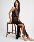 Elasticized Waistline Spandex Crew Neck Pocketed Ribbed Slit Sleeveless Maxi Dress