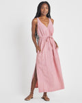 V-neck Striped Print Belted Pocketed Slit Linen Tie Waist Waistline Maxi Dress