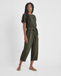 Elasticized Tie Waist Waistline Linen Collared Banding Belted Button Front Short Sleeves Sleeves Jumpsuit