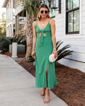 Spaghetti Strap Slit Self Tie Cutout Linen Midi Dress With a Bow(s)