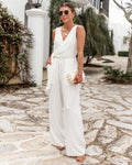 V-neck Elasticized Waistline Side Zipper Pocketed Fitted Flowy Jumpsuit With a Bow(s)