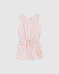 Girls Striped Print Pocketed Drawstring Scoop Neck Linen Romper