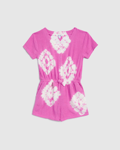 Girls V-neck Linen Tie Dye Print Romper With a Bow(s)
