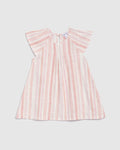 Toddler Striped Print Keyhole Cap Sleeves Linen Dress
