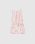 Toddler Striped Print Pocketed Drawstring Scoop Neck Linen Romper