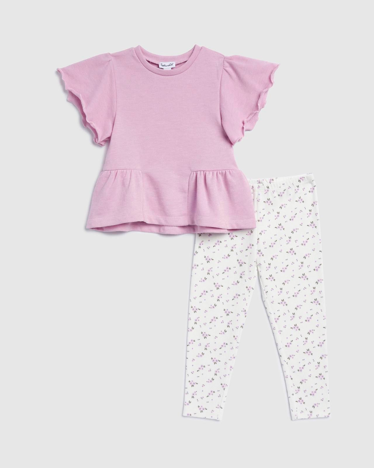 2-piece Kid Girl Floral Print/Solid Color Ruffled Sleeveless Bowknot design Top and Leggings Set