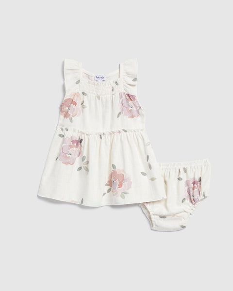 Girls Infant Cap Sleeves Smocked Floral Print Spring Short Dress With Ruffles