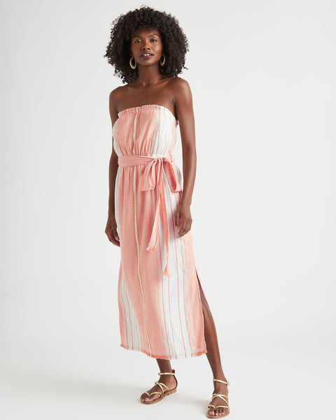 Striped Print Self Tie Belted Slit Elasticized Tie Waist Waistline Spaghetti Strap Midi Dress