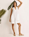 V-neck Shift Summer Collared Pocketed Shirred Dress