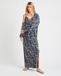 V-neck Floral Paisley Print Spaghetti Strap Summer Silk Slit Slip Dress/Maxi Dress