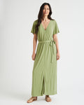 Elasticized Tie Waist Waistline Flutter Short Sleeves Sleeves Jersey Belted Self Tie Slit Maxi Dress