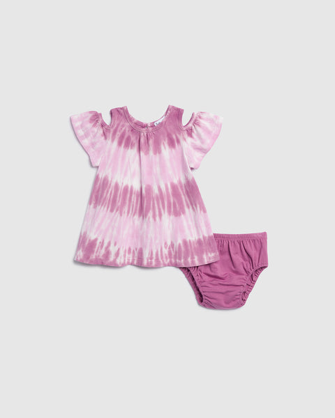 Girls Infant Crew Neck Cutout Tie Dye Print Dress With Ruffles