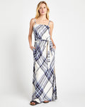 Strapless Square Neck Tie Waist Waistline Slit Pocketed Linen Plaid Print Maxi Dress