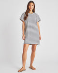 Crew Neck Above the Knee Cotton Striped Print Shirt Dress