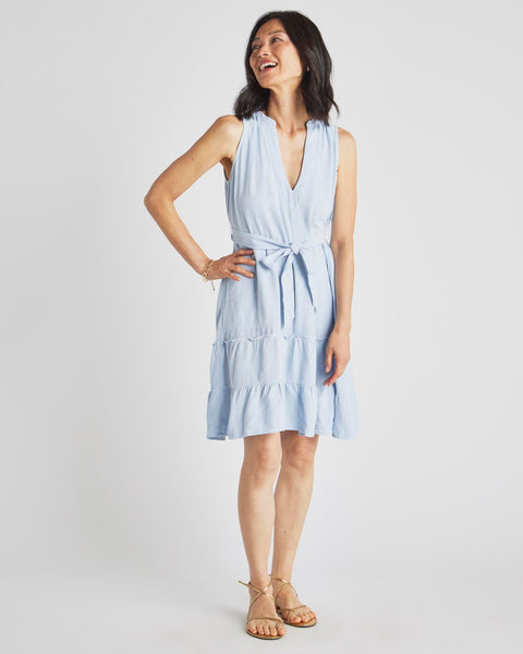 V-neck Pocketed Spring Linen Short Dress With Ruffles