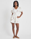 V-neck Above the Knee Floral Print Tiered Cotton Spring Puff Sleeves Sleeves Tie Waist Waistline Dress With Ruffles