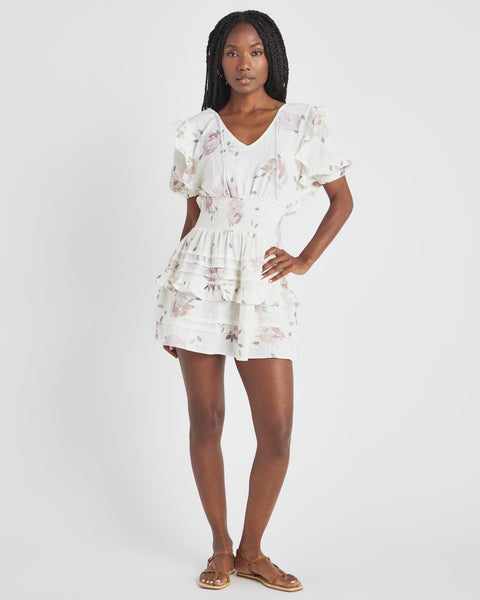 V-neck Above the Knee Spring Tiered Floral Print Puff Sleeves Sleeves Tie Waist Waistline Cotton Dress With Ruffles