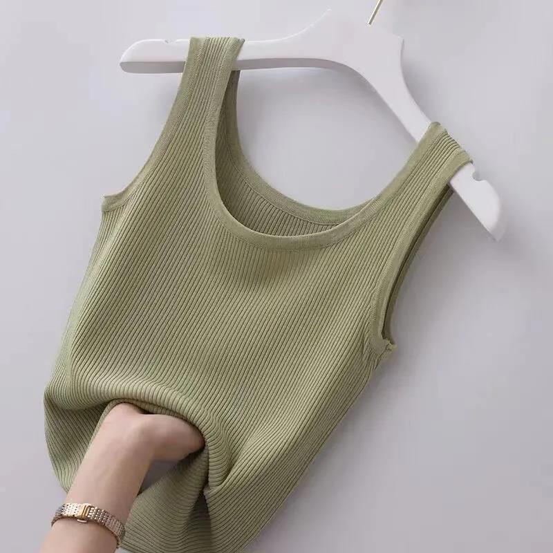Summer Knit Vest Top sexy Sleeveless O Neck Women Camisole Pure Color Black White t-shirt Solid Color Plus Size  Slim Tank Top