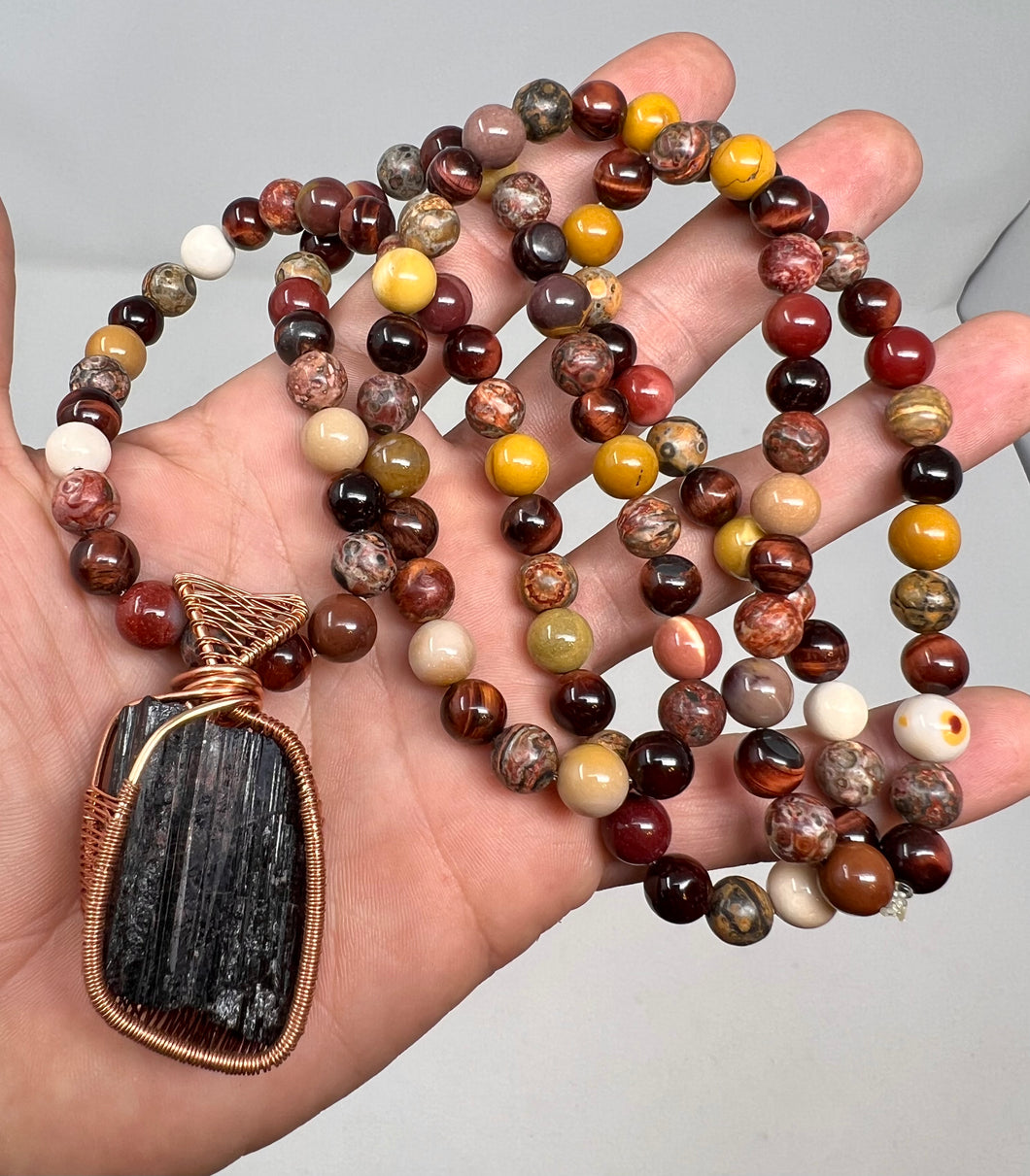 Black Tourmaline + Mookaite + Red Tigers Eye + Leopard Skin Jasper. Black Amulet - Bohemian Jewelry - Protection Stone Necklace - Helps Life Depression