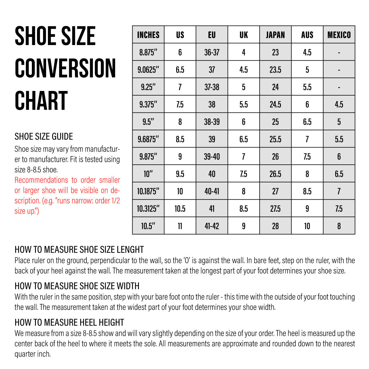 Cape Robbin Women's Shoes International Size Chart