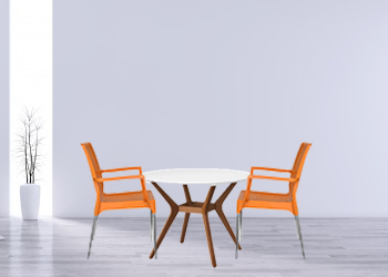 A photo of a piece of furniture that combines both plastic and steel materials. The photo may show a chair, table, or shelving unit, with a plastic seat or tabletop and steel legs or frame. 