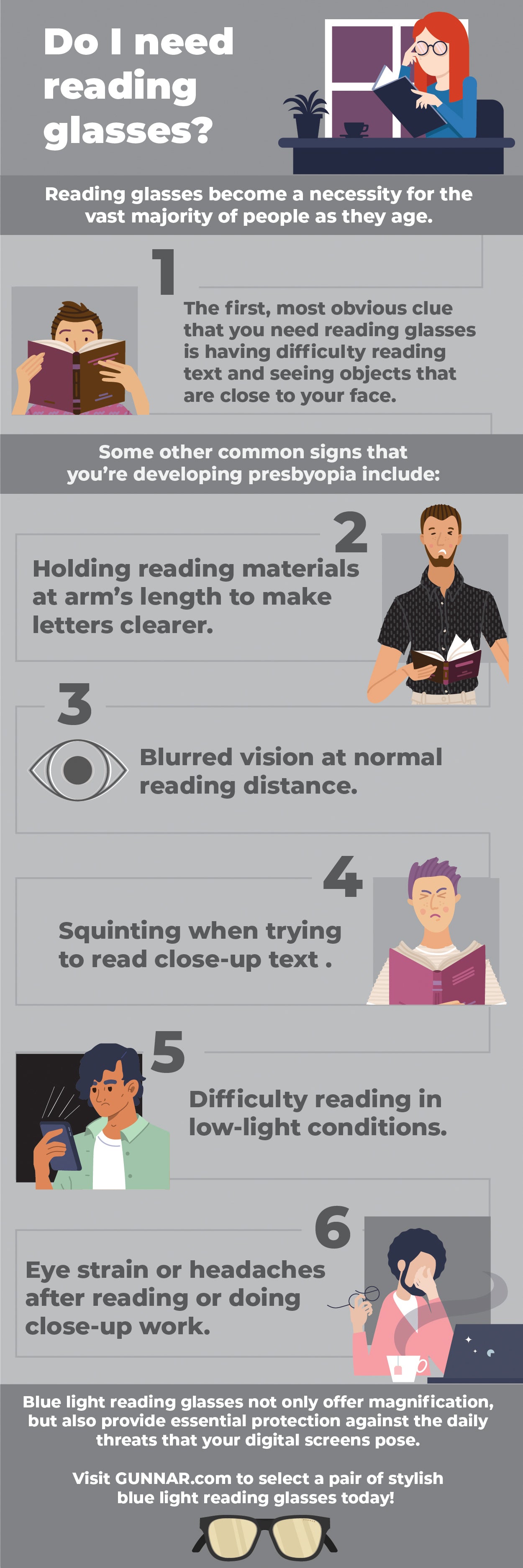 signs you need reading glasses infographic by gunnar