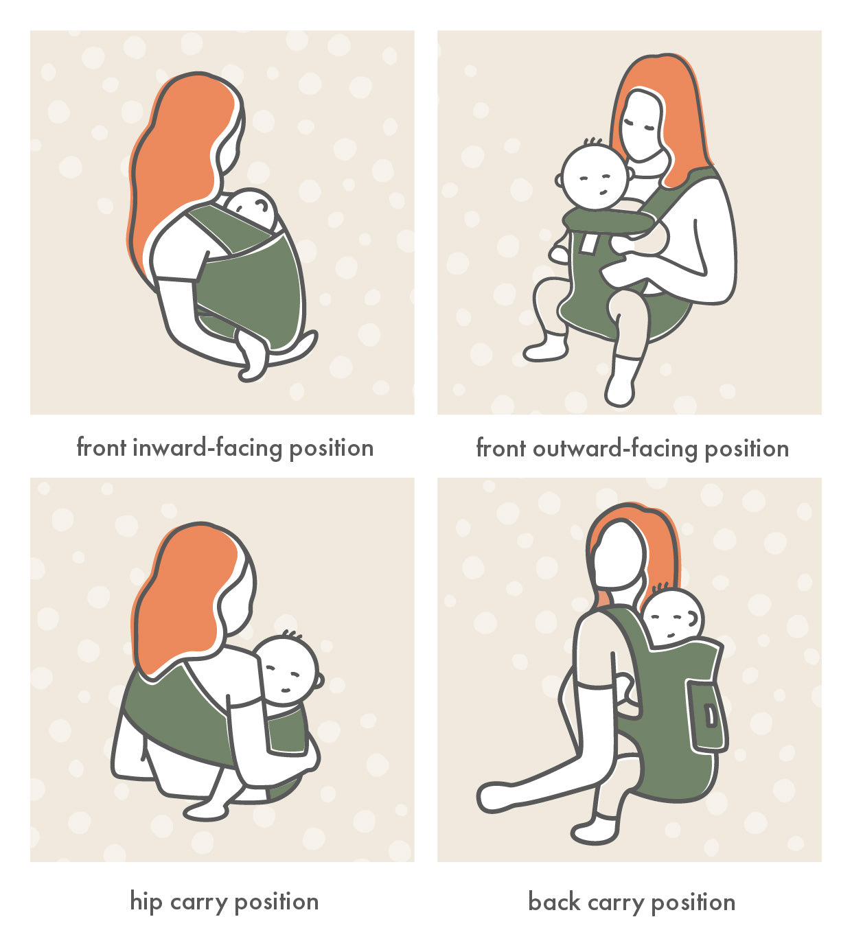 The four most common babywearing carrying positions are hip carry, front inward-facing position, front outward-facing position & back carry.