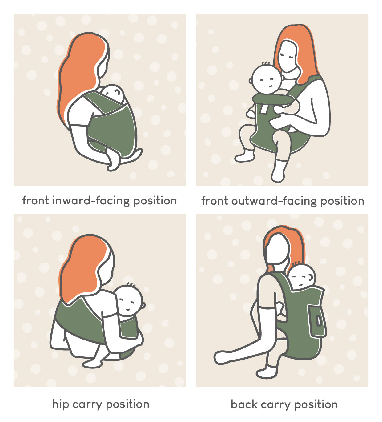 The four most common carrying positions in babywearing are the front inward-facing position, the front outward-facing position, the hip carry position, and the back carry position. 