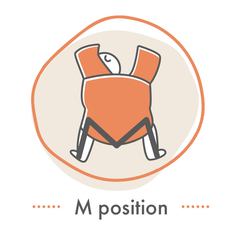 The M-Shape seating position is the most ergonomic way to support your baby to develop healthy hips when babywearing. This refers to the shape formed by baby’s legs and bottom, as shown in the diagram.