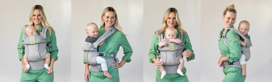 The four main ways to carry your baby are front inward-facing, front outward-facing, hip carry, and back carry!