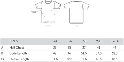 Size chart for Kid's t-shirt